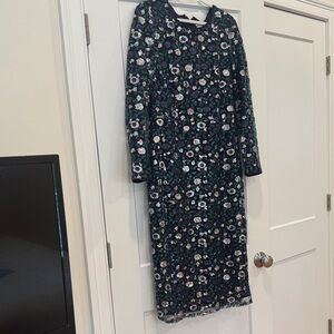 Navy blue, silver, green sequins long sleeve dress